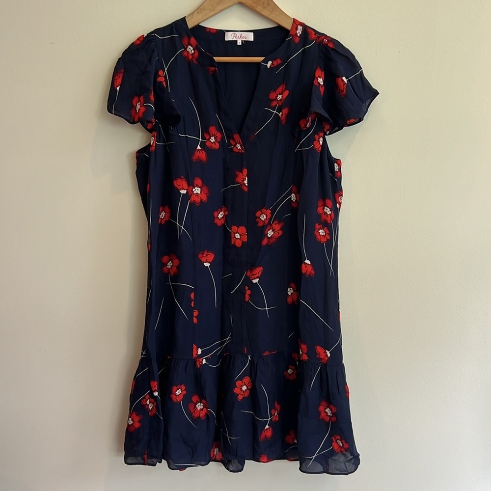 New Parker Violet Dress Navy Red Floral Silk Blend Women's Size Small Flutter - Picture 7 of 14